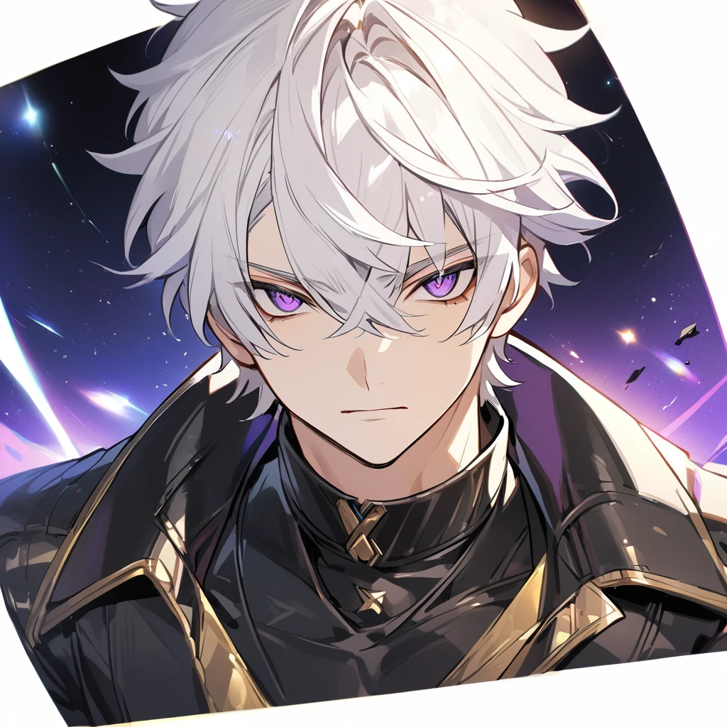 High quality, HD, 4k, no shadows, handsome male, 1male, , teenager, go lining, short white hair, sharp eyes, dark purple eyes, deep purple eyes, devil may cry, close up, calm expression, stoic expression, black leather clothes, lean body, well trained body, upper body, looking at viewer, cowboy shot, white solar, space background