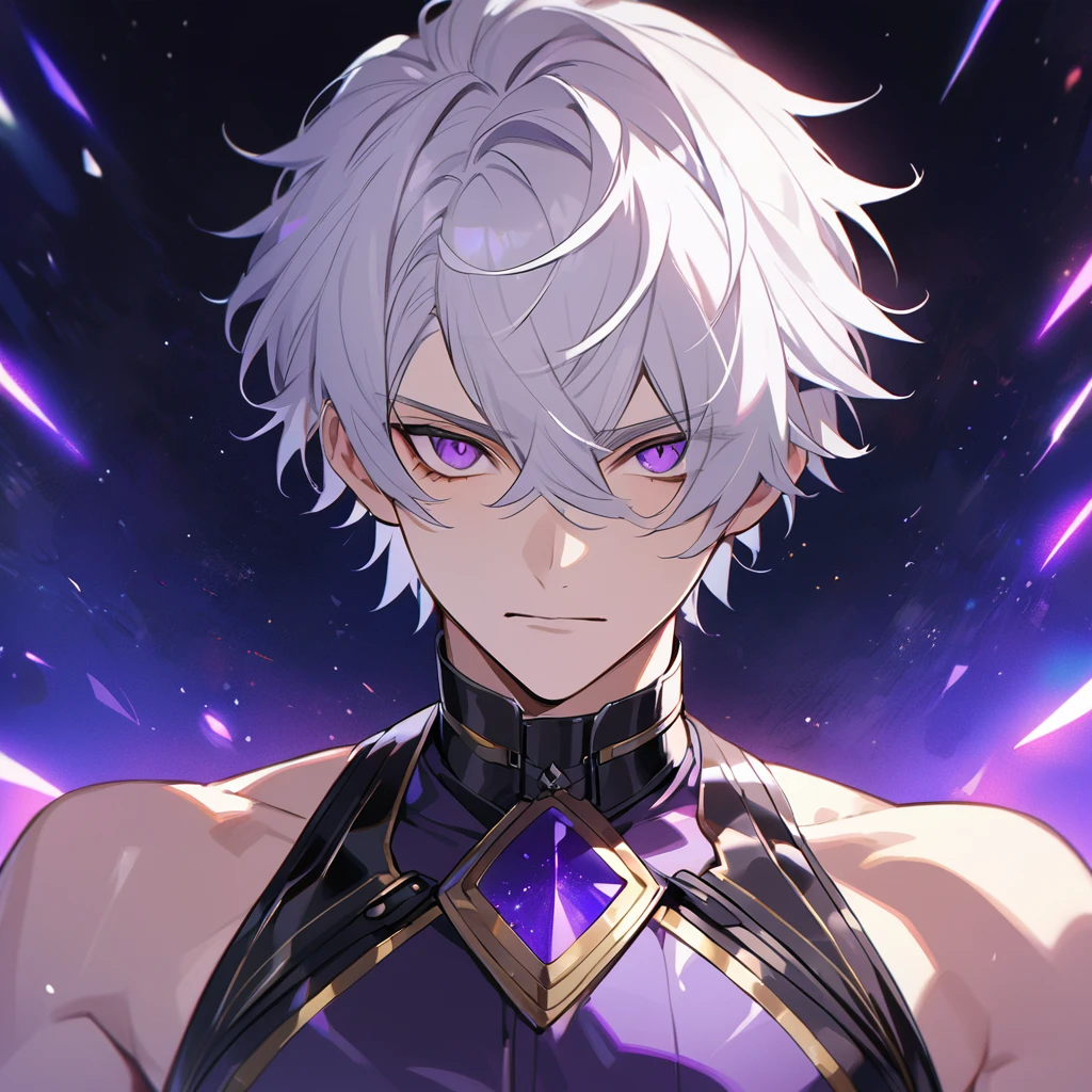 High quality, HD, 4k, no shadows, handsome male, 1male, 17 years old, teenager, golden lining, short white hair, sharp eyes, dark purple eyes, deep purple eyes, devil may cry, close up, calm expression, stoic expression, black leather clothes, lean body, well trained body, upper body, looking at viewer, cowboy shot, white solar, space background