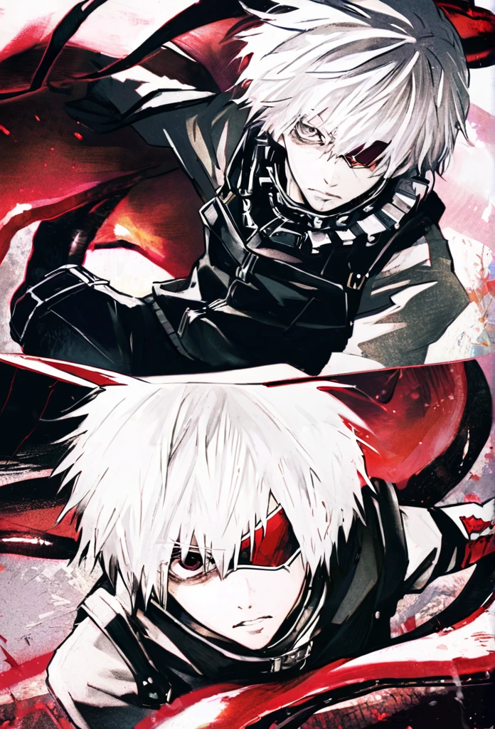 ```
ken kaneki, Tokyo Ghoul, white hair, black outfit, eyepatch, half-ghoul, serious expression, red kakugan eye, kagune tentacles, detailed face, high quality、Overall view、Uplifting、Cold-like sensation、Acrobatic

```