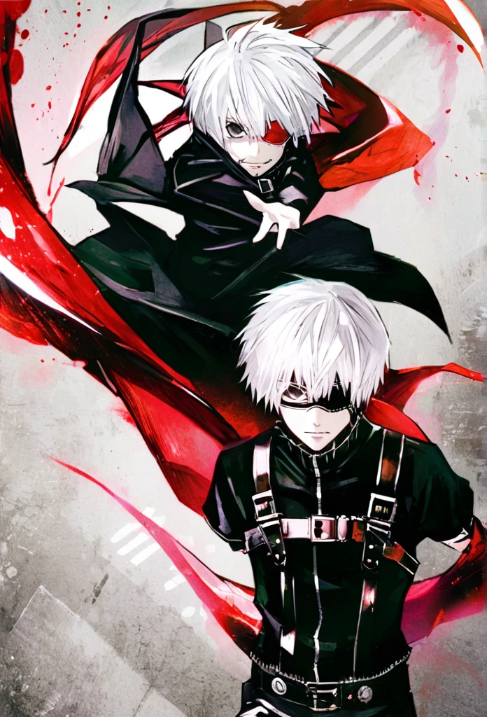 ```
ken kaneki, Tokyo Ghoul, white hair, black outfit, eyepatch, half-ghoul, serious expression, red kakugan eye, kagune tentacles, detailed face, high quality、Overall view、Uplifting、Cold-like sensation、Acrobatic

```