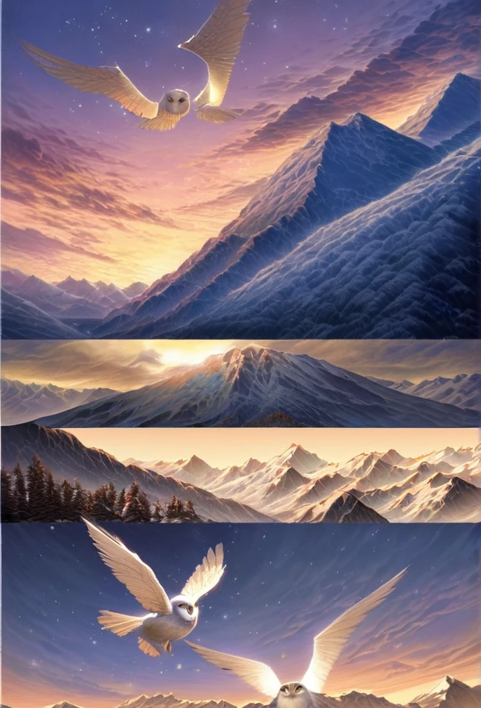 Snow owl, Flying, snow scene background, , Mysterious clouds, expression of surprise, incredible views, Unavailable, in the sky, legend, stars illuminating the night sky, Fly free, adventure, terraces, High mountains, Amazing sunset, Fly as much as you want, Through the clouds, Spirit of adventure, Shocking scene with wings spread, Huge starry sky, fusion of tradition and modernity./masterpiece Illustration, high quality, 8k, high resolution
