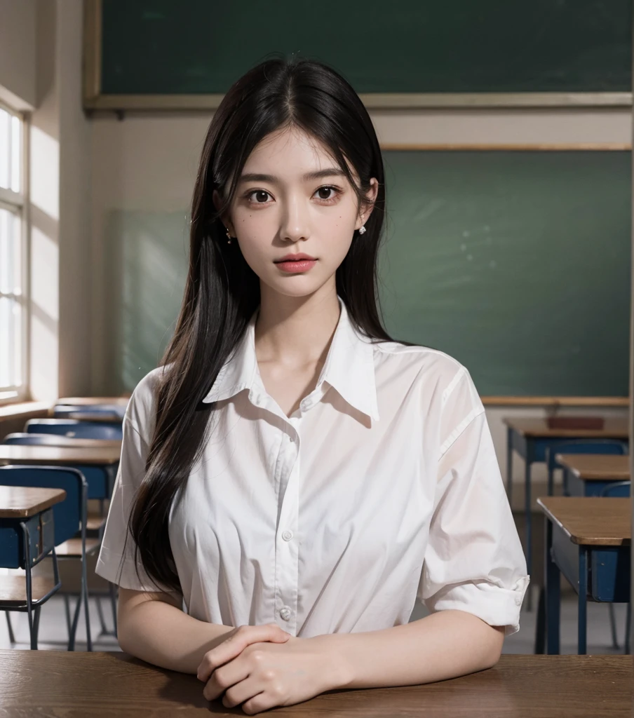 absurdres, RAW photo, extremely delicate and beautiful, masterpiece, Best Quality, ultra high resolution, 32k, hyperrealistic, ultra-detailed, in her 30s, very Slim body, narrow waist, very small head, very small face, delicate facial features, tearful mole, earring, very huge round breasts, ((full body shot)), medium hair, black hair, ((school_uniform)), ((classroom)),