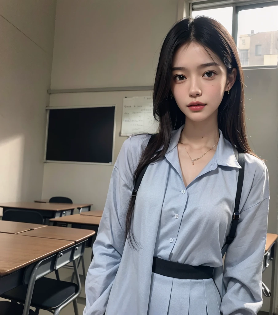 absurdres, RAW photo, extremely delicate and beautiful, masterpiece, Best Quality, ultra high resolution, 32k, hyperrealistic, ultra-detailed, in her 30s, very Slim body, narrow waist, very small head, very small face, delicate facial features, tearful mole, earring, very huge round breasts, ((full body shot)), medium hair, black hair, ((school_uniform)), ((classroom)),