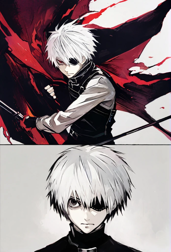 ```
ken kaneki, Tokyo Ghoul, white hair, black outfit, eyepatch, half-ghoul, serious expression, red kakugan eye, kagune tentacles, detailed face, high quality、Overall view、Uplifting、Cold-like sensation、Acrobatic
```