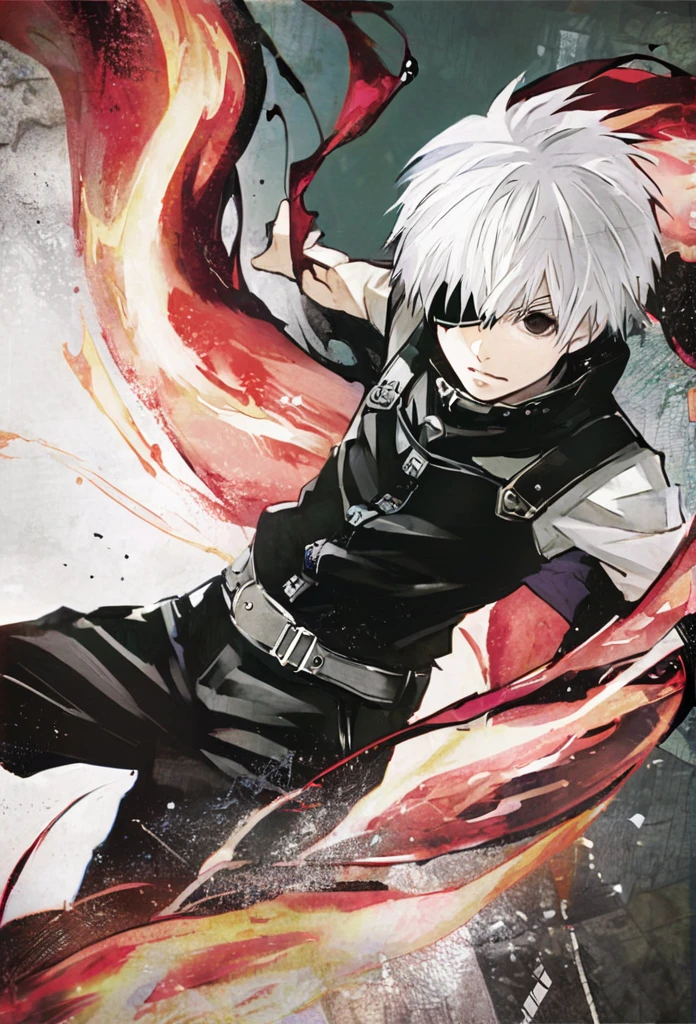 ```
ken kaneki, Tokyo Ghoul, white hair, black outfit, eyepatch, half-ghoul, serious expression, red kakugan eye, kagune tentacles, detailed face, high quality、Overall view、Uplifting、Cold-like sensation、Acrobatic

```