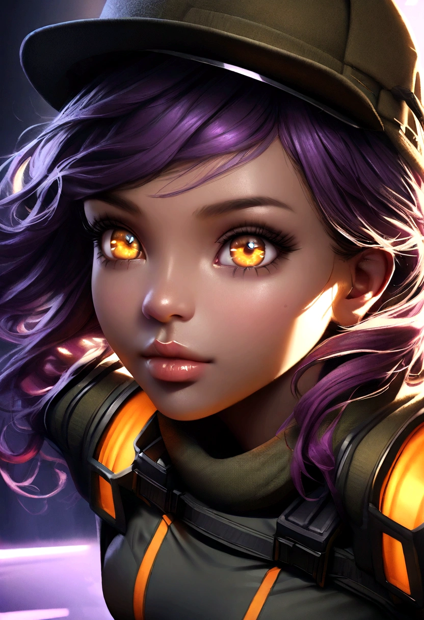 A cute girl with brown skin, sexy body, wavy purple hair [with shades of black], golden eyes (shiny), ultra realistic eyes, with a pistol, jumping, with sniper outfit, Valorant Riot game, round face, realistic lighting, Radiosity, Close UP.