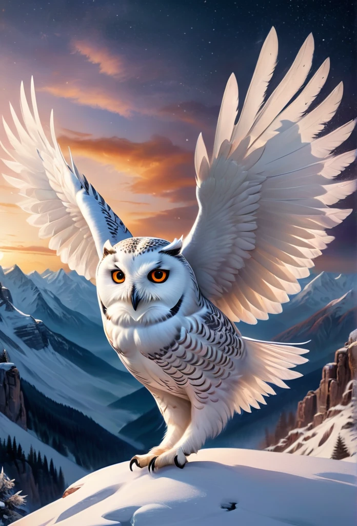 Snow owl, Flying, snow scene background, , Mysterious clouds, expression of surprise, incredible views, Unavailable, in the sky, legend, stars illuminating the night sky, Fly free, adventure, terraces, High mountains, Amazing sunset, Fly as much as you want, Through the clouds, Spirit of adventure, Shocking scene with wings spread, Huge starry sky, fusion of tradition and modernity./masterpiece Illustration, high quality, 8k, high resolution 