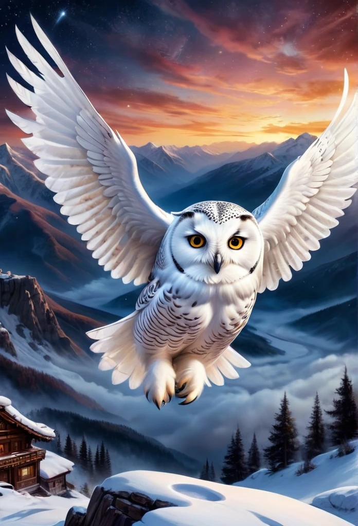 Snow owl, Flying, snow scene background, , Mysterious clouds, expression of surprise, incredible views, Unavailable, in the sky, legend, stars illuminating the night sky, Fly free, adventure, terraces, High mountains, Amazing sunset, Fly as much as you want, Through the clouds, Spirit of adventure, Shocking scene with wings spread, Huge starry sky, fusion of tradition and modernity./masterpiece Illustration, high quality, 8k, high resolution
