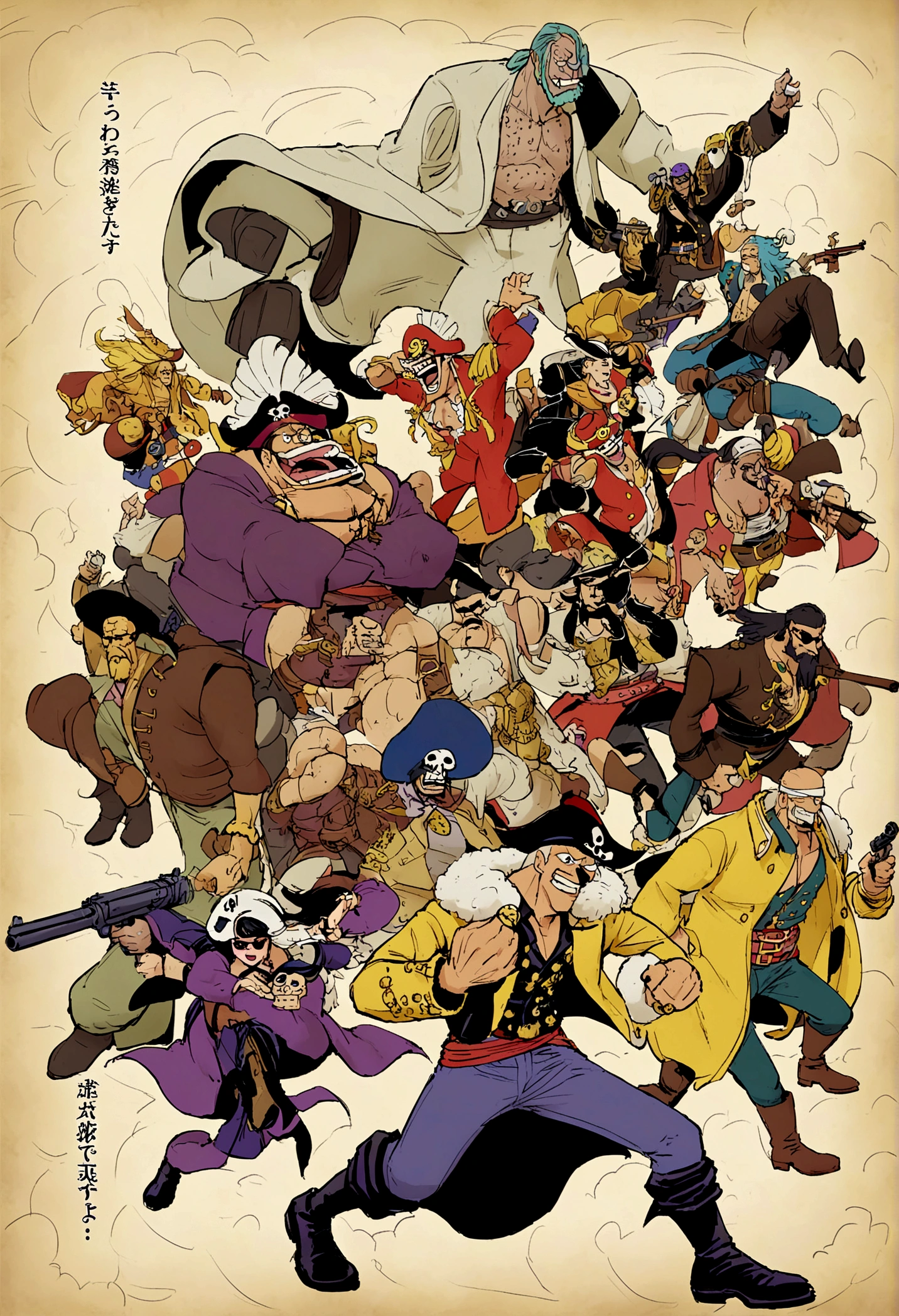 anime、one piece、Four Emperors、pirate、blackひげ、Nose corners、Gatai is good、sunglasses、Bad guy、gun、sake、Second Dimension、Long Hair、ring、hat、yellow、Skull Coat、black、Purple、Pants blue、yellow、Boots Brown