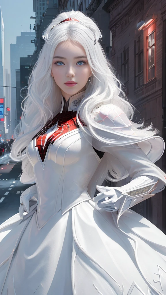 (1 girl:1.3), Alone, (((Very detailed face)))), ((Very detailed eyes and face.)))), beautifuls detalles ojos, body parts__, Official Art, unified 8k wallpaper, super detailed, beautiful and beautiful, beautiful, Masterpiece, Best Quality, Original, Masterpiece, super fine photo, Best Quality, super high resolution, realistic realism, sunlight, Full length portrait, extraordinary beauty, dynamic pose, delicate face, vibrant eyes, (FROM THE FRONT), He wears a Spider-Man suit., red and black color scheme, spider, fondo muy detallado del Ceiling de la ciudad, Ceiling, with city views, detailed face, detailed complex busy background, disordered, gorgeous, milky white, very detailed skin, realistic skin details, visible pores, clear focus, volumetric fog, 8k hd, DSLR, high quality, film grain, White skin, photographic realism, lomography, Futuristic dystopian megalopolis, translucent, eyes looking at the camera, Big , short hair,white hair ,full body,mecha,cyborg,robotic,long hair