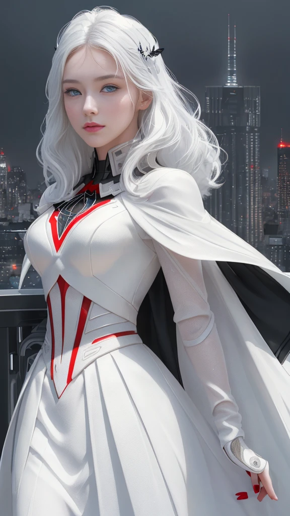 (1 girl:1.3), Alone, (((Very detailed face)))), ((Very detailed eyes and face.)))), beautifuls detalles ojos, body parts__, Official Art, unified 8k wallpaper, super detailed, beautiful and beautiful, beautiful, Masterpiece, Best Quality, Original, Masterpiece, super fine photo, Best Quality, super high resolution, realistic realism, sunlight, Full length portrait, extraordinary beauty, dynamic pose, delicate face, vibrant eyes, (FROM THE FRONT), He wears a Spider-Man suit., red and black color scheme, spider, fondo muy detallado del Ceiling de la ciudad, Ceiling, with city views, detailed face, detailed complex busy background, disordered, gorgeous, milky white, very detailed skin, realistic skin details, visible pores, clear focus, volumetric fog, 8k hd, DSLR, high quality, film grain, White skin, photographic realism, lomography, Futuristic dystopian megalopolis, translucent, eyes looking at the camera, Big , short hair,white hair ,full body,mecha,cyborg,robotic,long hair 