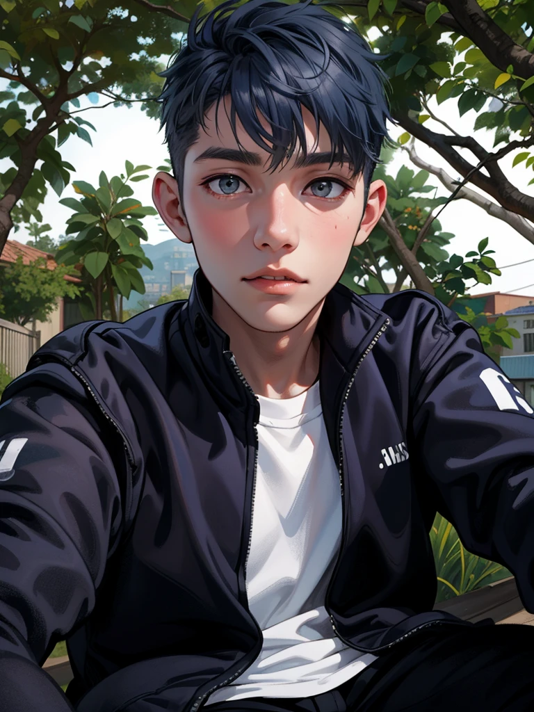 In the background is a silver city Two 15-year-old teenage friends with blue hair, With Latin skin and light gray hair on the outskirts of a large silver city they are talking about an important topic they are friends almost like brothers..............