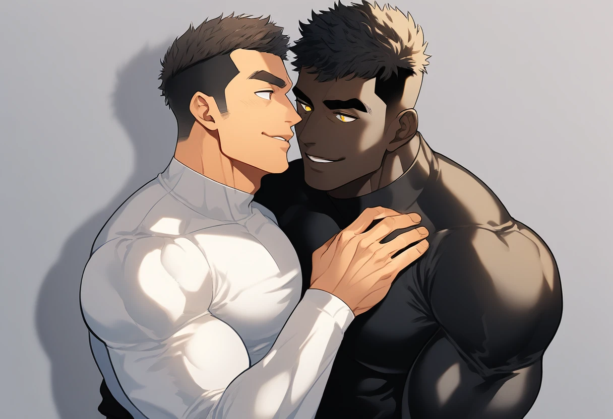 anime characters:Two superheroes in tights, Muscle superhero, negro black skin, They hugged and kissed each other, Caress, Manliness, male focus, Yellow and black striped high collar long sleeve tight T-shirt, Slightly transparent material, Very tight, Round, full and perky chest muscles, Male dog waist, Slightly transparent, muscular male, muscular, only, Upper body, alone, Black short hair, Thick eyebrows, stubble, Yellow eyes, Grey background, simple background, amazing quality, best aesthetics, Ridiculous, bright pupils, crew cut, parted lips, seductive smile, torogao, naughty face, drop shadow, best quality