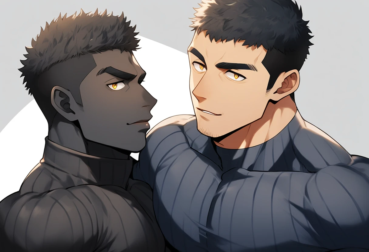 anime characters:Two superheroes in tights, Muscle superhero, negro black skin, They hugged and kissed each other, Caress, Manliness, male focus, Yellow and black striped high collar long sleeve tight T-shirt, Slightly transparent material, Very tight, Round, full and perky chest muscles, Male dog waist, Slightly transparent, muscular male, muscular, only, Upper body, alone, Black short hair, Thick eyebrows, stubble, Yellow eyes, Grey background, simple background, amazing quality, best aesthetics, Ridiculous, bright pupils, crew cut, parted lips, seductive smile, torogao, naughty face, drop shadow, best quality