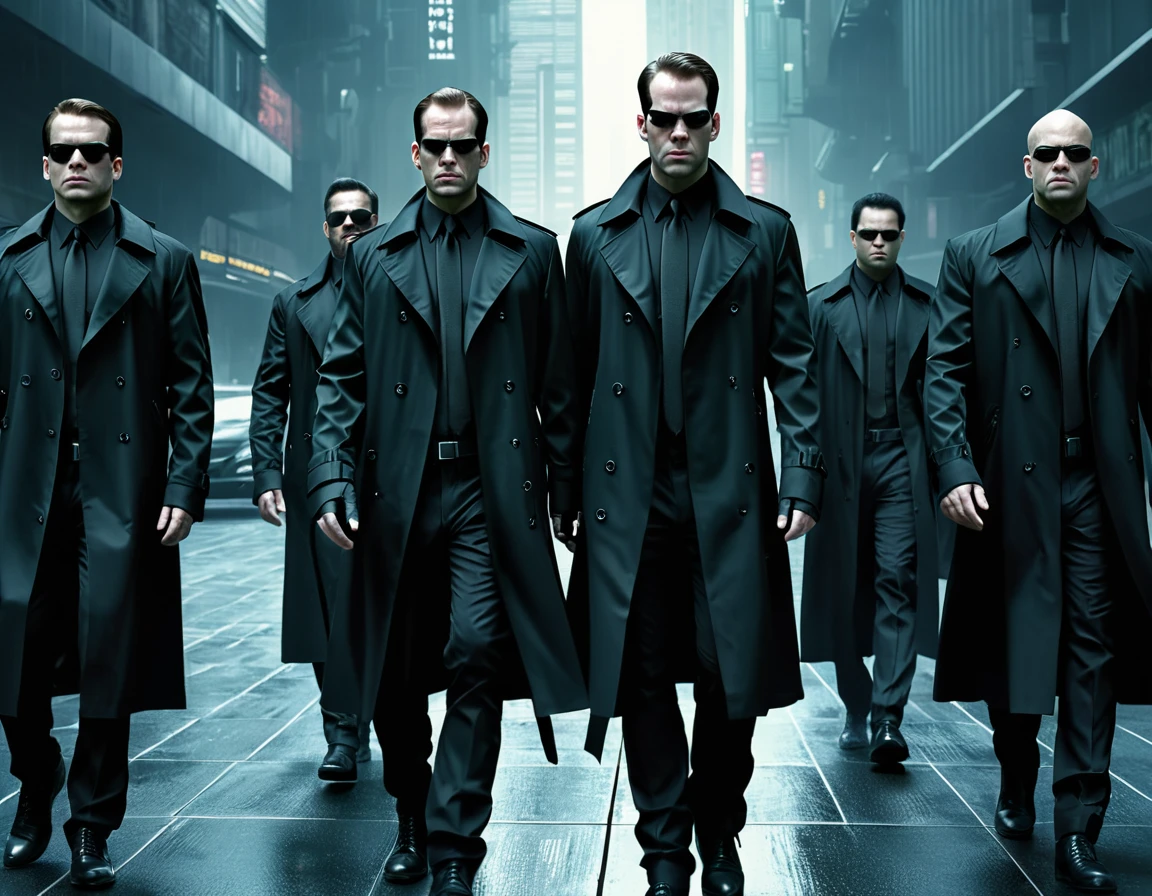 Agent Smith, a group of ten identical men in Black trench coat, matrix style, futuristic city center,  fully detailed, high quality, high resolution 