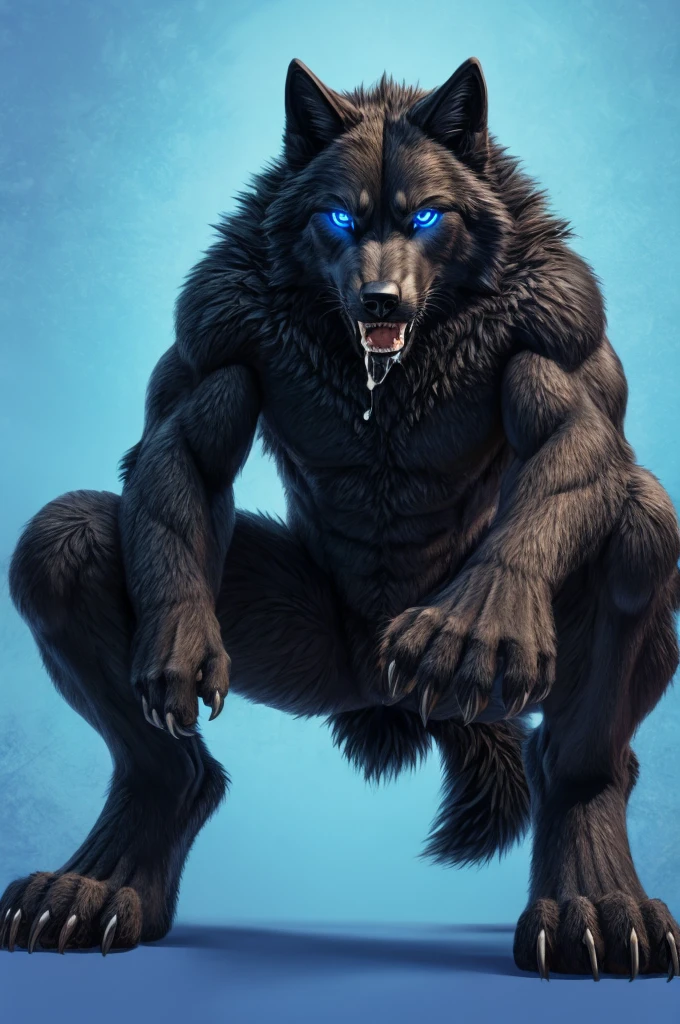 Perspective from below black wolf naked male furry legs apart looking down blue background squat pose blue eyes serious look claws on knees fluffy tail scars growling salivating