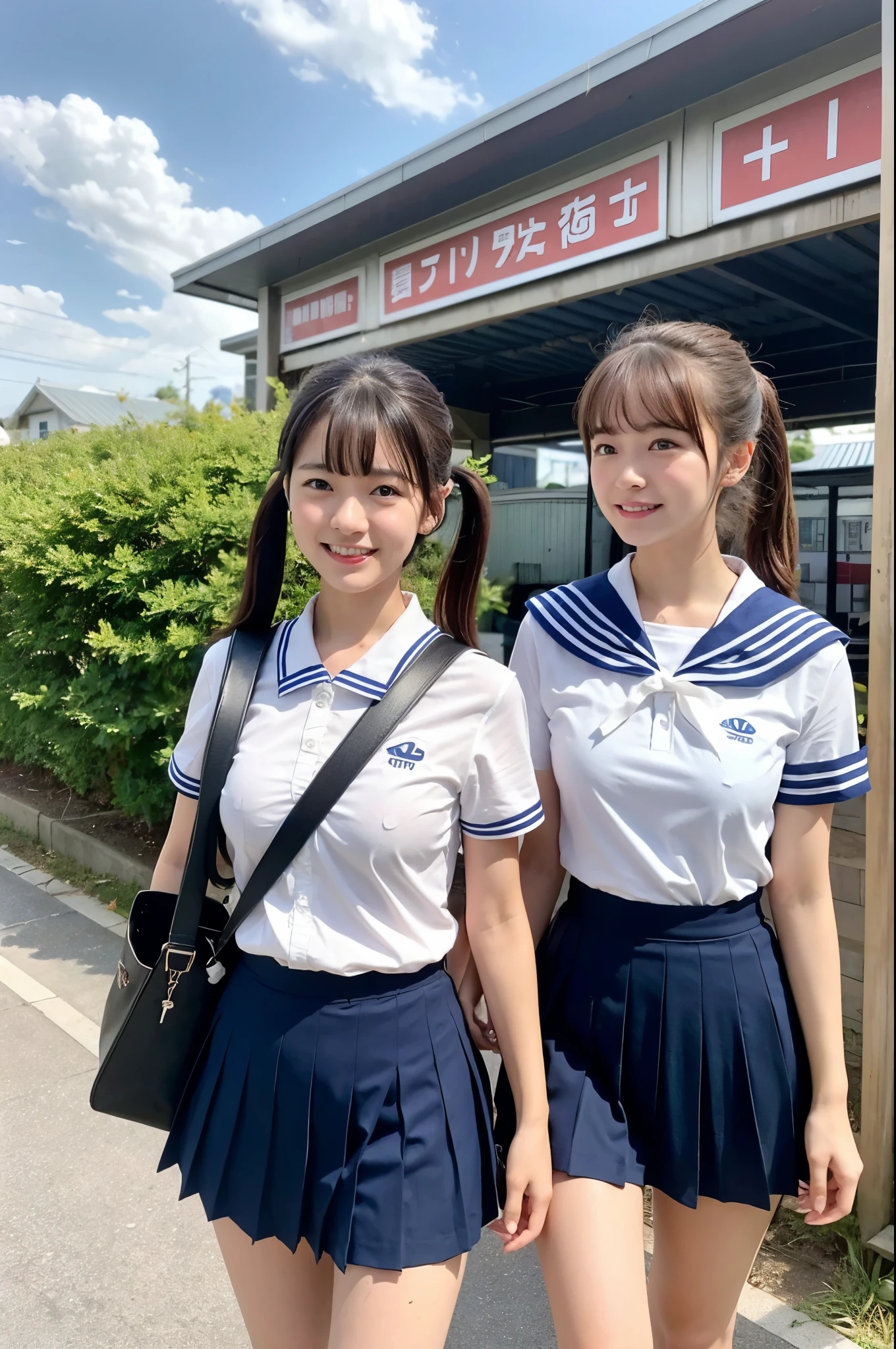 2 girls walking in rural railway station,Japanese limited express train,cumulonimbus cloud in summer blue sky,white sailor shirt,navy blue pleated skirt,student bag,18-year-old,bangs,a little smile,thighs,knees,wet short hair with low pigtails bunches,from beside,front light