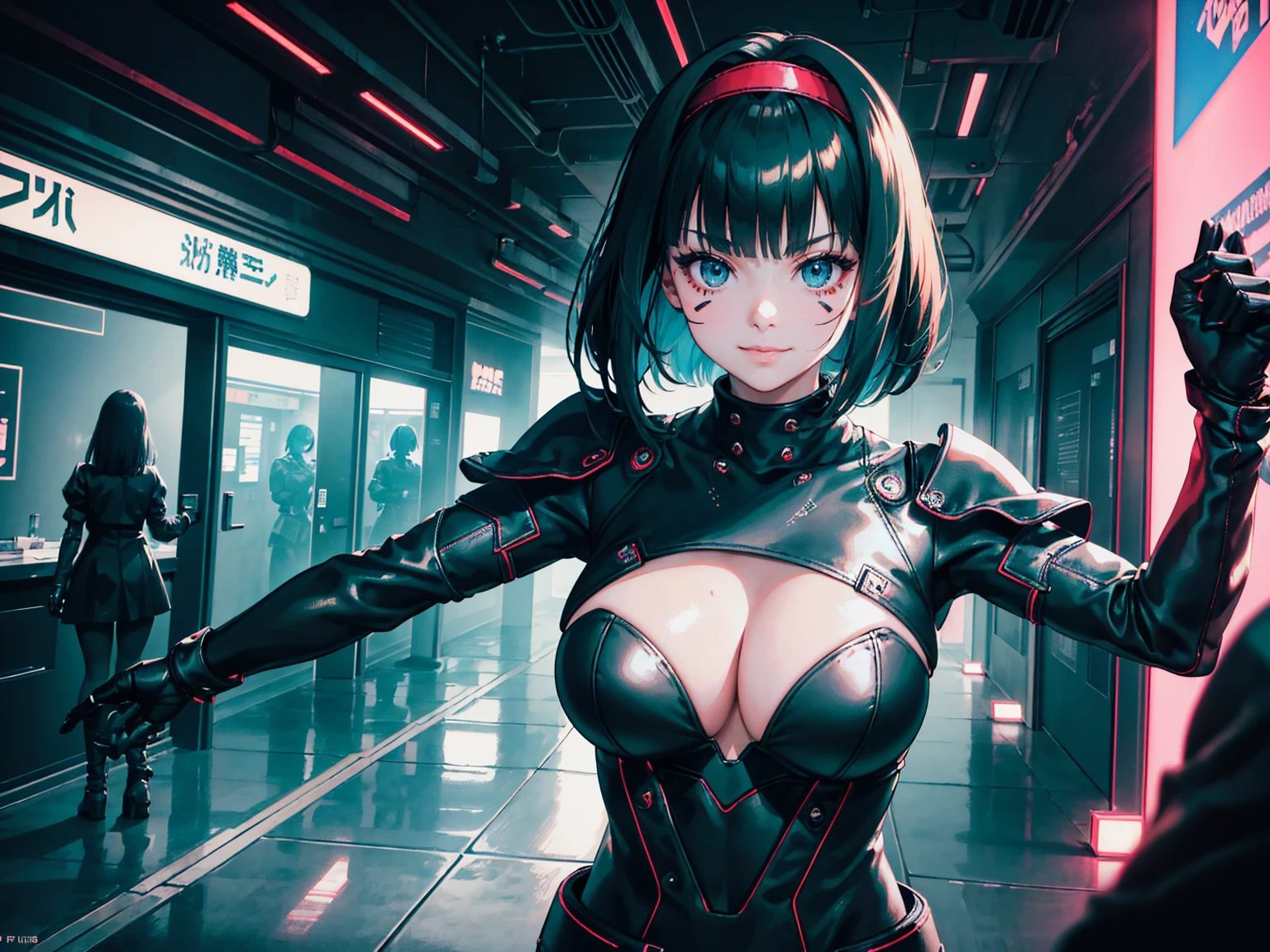 masterpiece, Best quality, (1 girl), (solo) (front facing), (upper body), (smile),(from front), (portrait), (night), (pose for picture), (dystopian city street), (large breast), (cleavage), (long hair),, black costume, black, gloves, dress boots, black gloves, puffy sleeves, black dress) (blak hairband),(cyberpunk red costume), (green hair), (blue eyes), feather-trimmed sleeves anime, realistic, masterpiece, (bobcut, bangs), (A2 costume) (cyber_mark), ( facial mark), (cyberpunk suit), (j4nu4ryj0n3s cleavage), (demure), (dark room), (neon lights), (cyberpunk room), (focus on body), (look at front), (look at viewer)