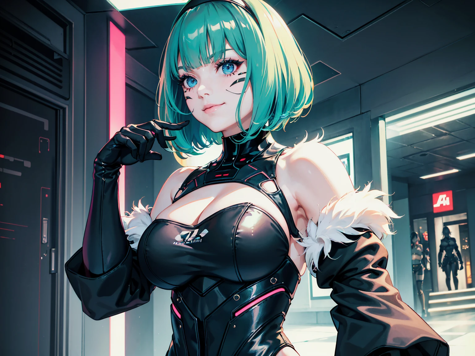 masterpiece, Best quality, (1 girl), (solo) (front facing), (upper body), (smile),(from front), (portrait), (night), (pose for picture), (dystopian city street), (large ), (cleavage), (long hair),, black costume, black, gloves, dress boots, black gloves, puffy sleeves, black dress) (blak hairband),(cyberpunk red costume), (green hair), (blue eyes), feather-trimmed sleeves anime, realistic, masterpiece, (bobcut, bangs), (A2 costume) (cyber_mark), ( facial mark), (cyberpunk suit), (j4nu4ryj0n3s cleavage), (demure), (dark room), (neon lights), (cyberpunk room), (focus on body), (look at front), (look at viewer)