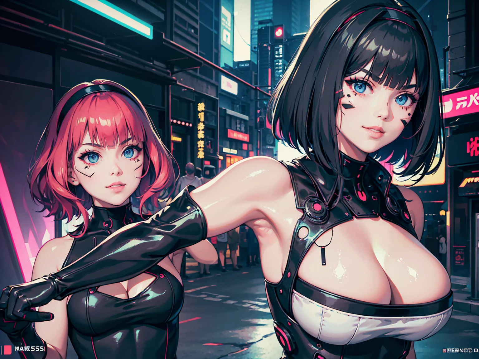 masterpiece, Best quality, (1 girl), (solo) (front facing), (upper body), (smile),(from front), (portrait), (night), (pose for picture), (dystopian city street), (large breast), (cleavage), (long hair),, black costume, black, gloves, dress boots, black gloves, puffy sleeves, black dress) (blak hairband),(cyberpunk red costume), (green hair), (blue eyes), feather-trimmed sleeves anime, realistic, masterpiece, (bobcut, bangs), (A2 costume) (cyber_mark), ( facial mark), (cyberpunk suit), (j4nu4ryj0n3s cleavage), (demure), (dark room), (neon lights), (cyberpunk room), (focus on body), (look at front), (look at viewer)