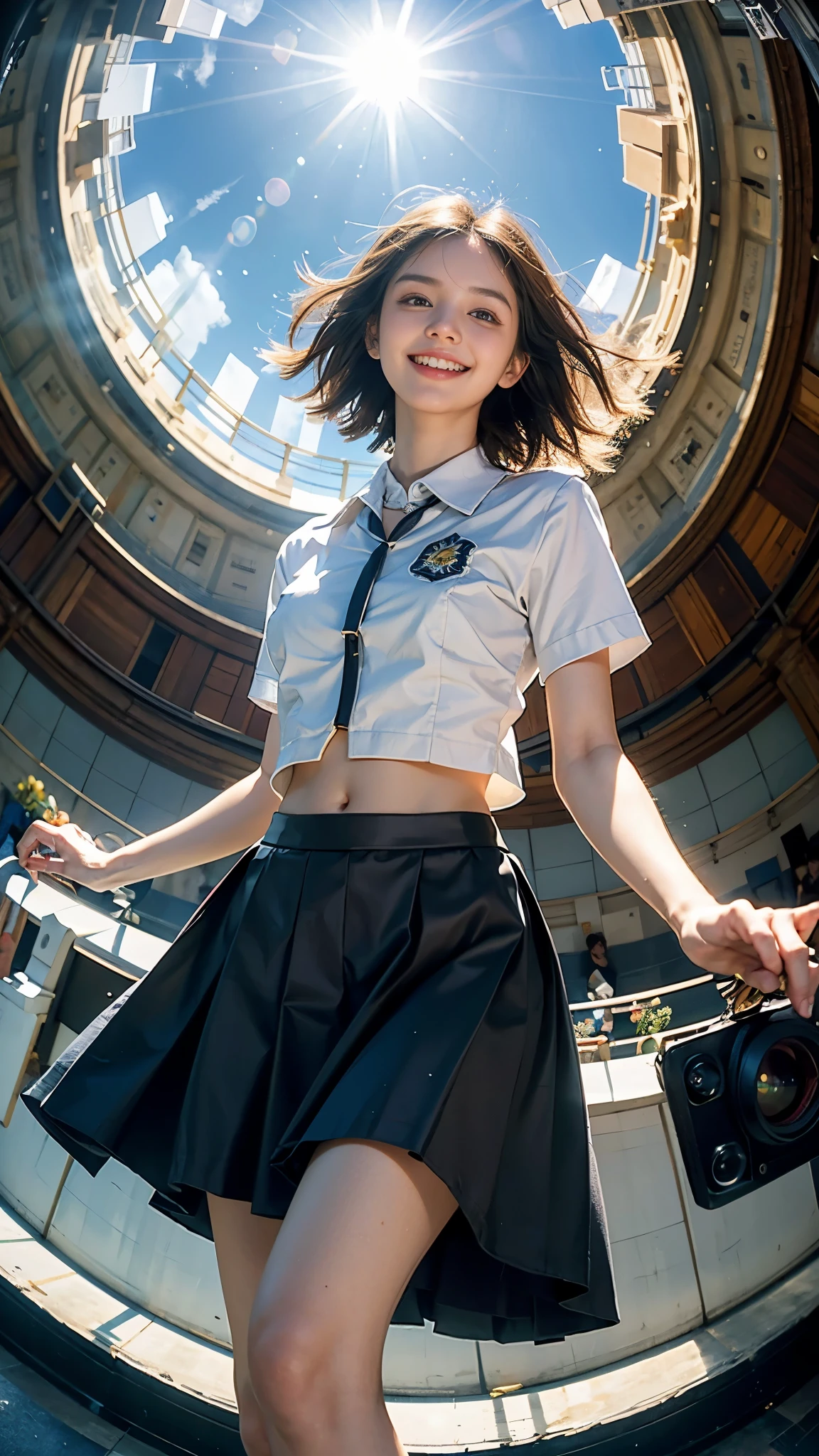 Highest quality, masterpiece, Ultra-high resolution,8K, (Realistic:1.6), (Selfie portrait) RAW Photos, 1 Girl,(Full of smiles, Showing teeth)), 22 years old,((Belly button fashion)),((Long skirt uniform)),((short hair)),((Looking up at the audience)),Face Focus:1.4,((Photographed from below with a fisheye lens:1.4)),((Background of the sun shining in the blue sky)), ((Beautiful Leg Line)),((Smiling with teeth showing)),