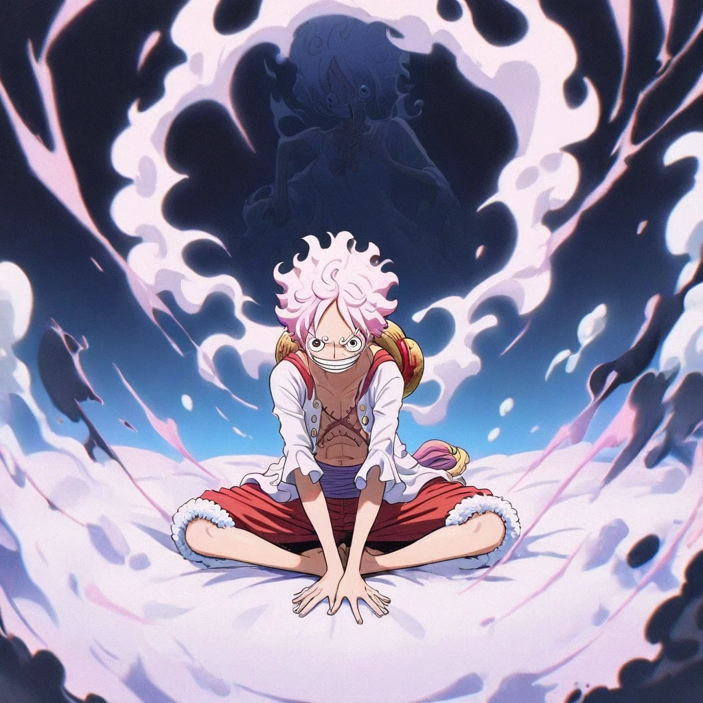 1girl, Monkey D. Luffy, One Piece,
Her hair is pink and her eyes as well, her clothes mixes pink with white colors, she wears a long shirt, shes on a seiza pose, an empty and chill room