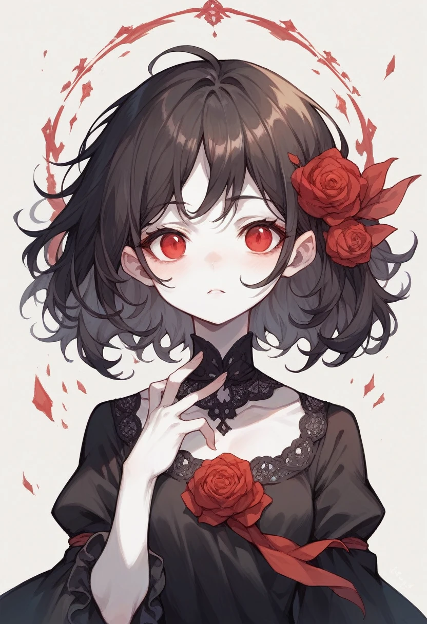 young woman, pale and white skin, wide, wavy and black. Red eyes and a black dress