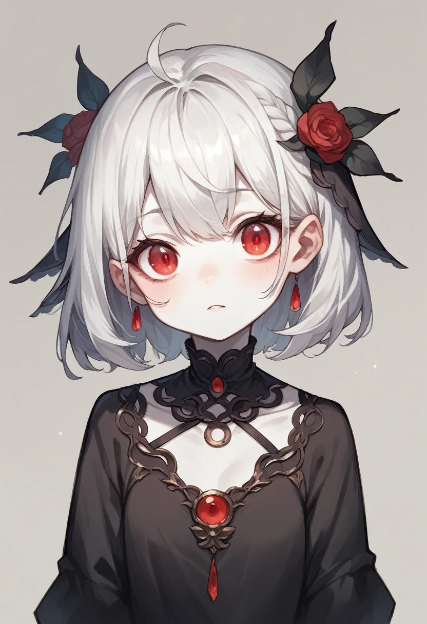 young woman, pale and white skin, wide, wavy and black. Red eyes and a black dress
