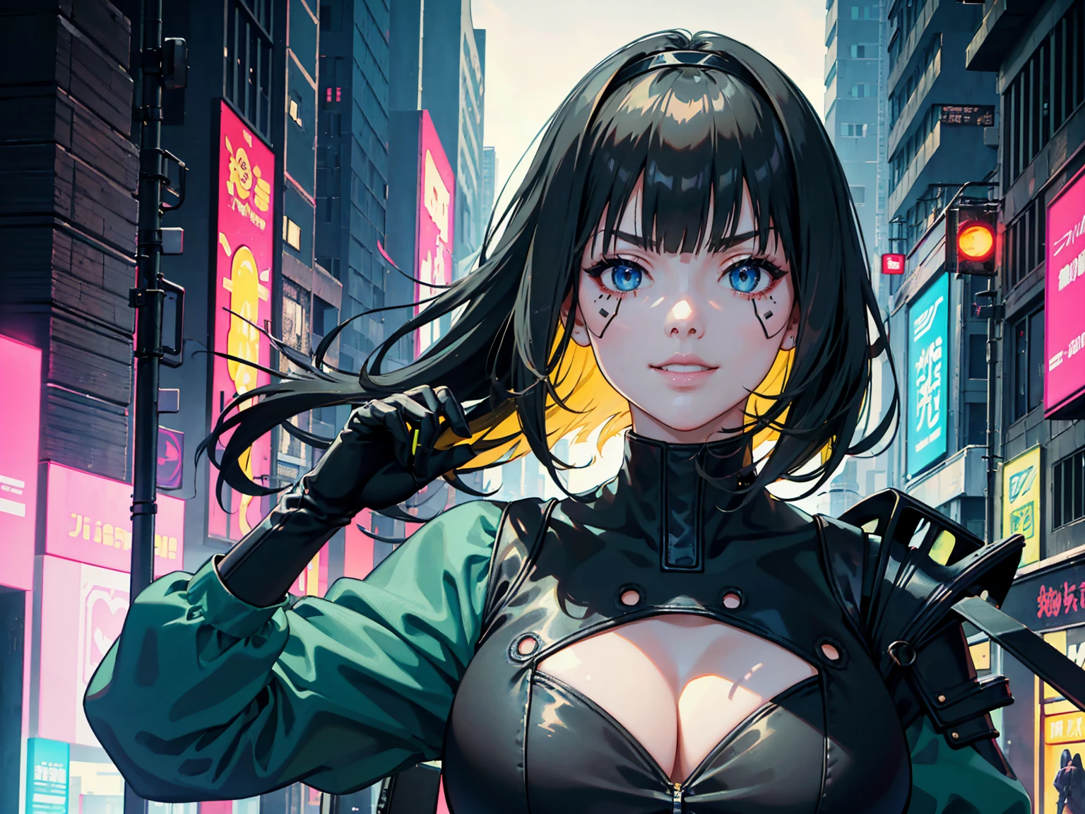 masterpiece, Best quality, (1 girl), (solo) (front facing), (upper body), (smile),(from front), (portrait), (night), (pose for picture), (dystopian city street), (large breast), (cleavage), (long hair),, black costume, black, gloves, dress boots, black gloves, puffy sleeves, black dress) (blak hairband),(cyberpunk costume), (green hair), (blue eyes), feather-trimmed sleeves anime, realistic, masterpiece, (bobcut, bangs), (A2 costume) (cyber_mark), ( facial mark), (cyberpunk suit), (j4nu4ryj0n3s cleavage), (demure), (dark room), (neon lights), (cyberpunk room), (focus on body), (look at front), (look at viewer), (yellow bodysuit)