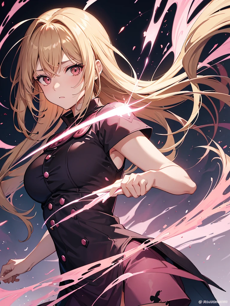 anime 2d em jujutsu kaisen, the girl must have dark brown eyes, light brown hair with blonde highlights and bangs, your outfit is the jujutsu kaisen uniform, She must hold a pink wand with powers and a pink aura will come out around her body and her hair will be floating