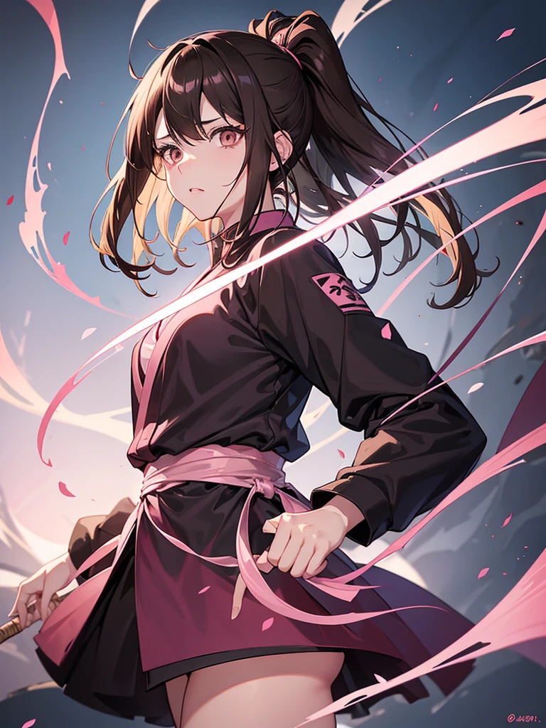 anime 2d em jujutsu kaisen, the girl must have dark brown eyes, light brown hair with blonde highlights and bangs, your outfit is the jujutsu kaisen uniform, She must hold a pink wand with powers and a pink aura will come out around her body and her hair will be floating