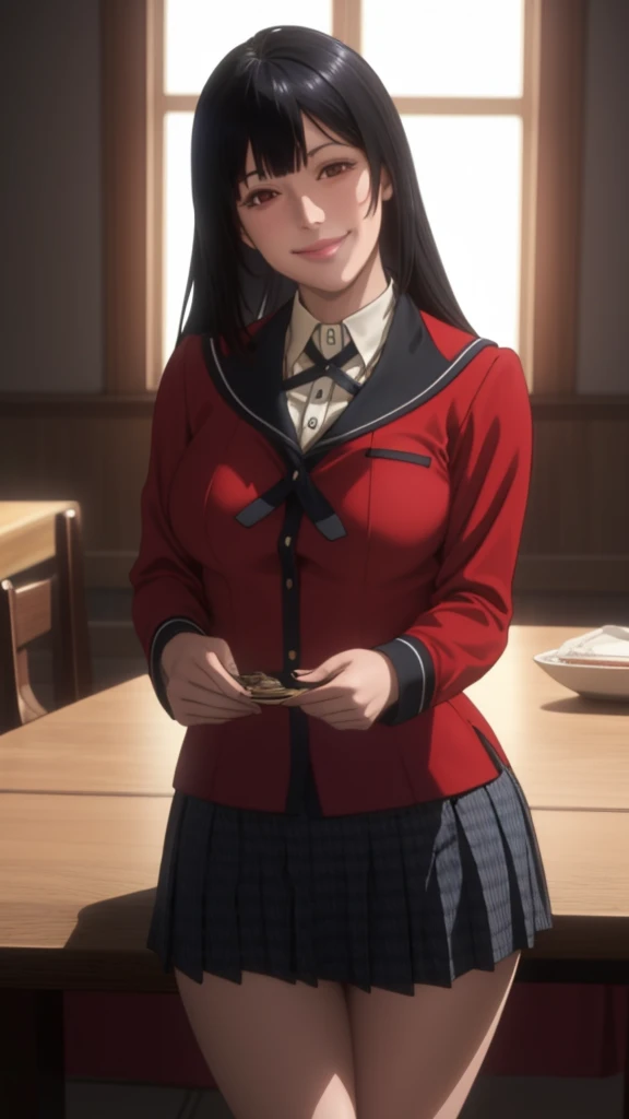 (8K, highest quality, table top:1.4), (intricate details:1.3), (realistic), (super detailed), 1 girl, alone, Beautiful woman, mature woman, (Sensual smile:1.35), Front view, (leaning forward:1.2), looking at the viewer, tropical resort, detailed long hair, (fluffy long black hair), fine eyes, hourglass body shape, (Sensual curvy body:1.1), medium breasts, thick thighs, wide hips, small waist、(red uniform),(sexy sailor suit ),(pleated mini skirt)、realistic lighting, natural soft light, dynamic lighting, red eyes,