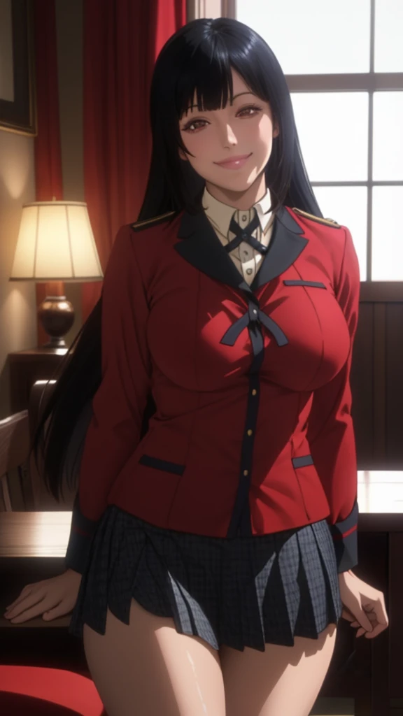 (8K, highest quality, table top:1.4), (intricate details:1.3), (realistic), (super detailed), 1 girl, alone, Beautiful woman, mature woman, (Sensual smile:1.35), Front view, (leaning forward:1.2), looking at the viewer, tropical resort, detailed long hair, (fluffy long black hair), fine eyes, hourglass body shape, (Sensual curvy body:1.1), medium breasts, thick thighs, wide hips, small waist、(red uniform)，(sexy sailor suit )，(pleated mini skirt)、realistic lighting, natural soft light, dynamic lighting, red eyes,