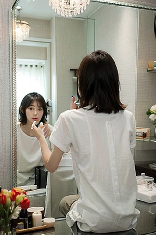 Highest quality、masterpiece、High sensitivity、High resolution、Detailed Description、Slender women、Slim Body、Casual clothes、To the dressing table、From the back、Reflected in the mirror、While watching、put on lipstick、