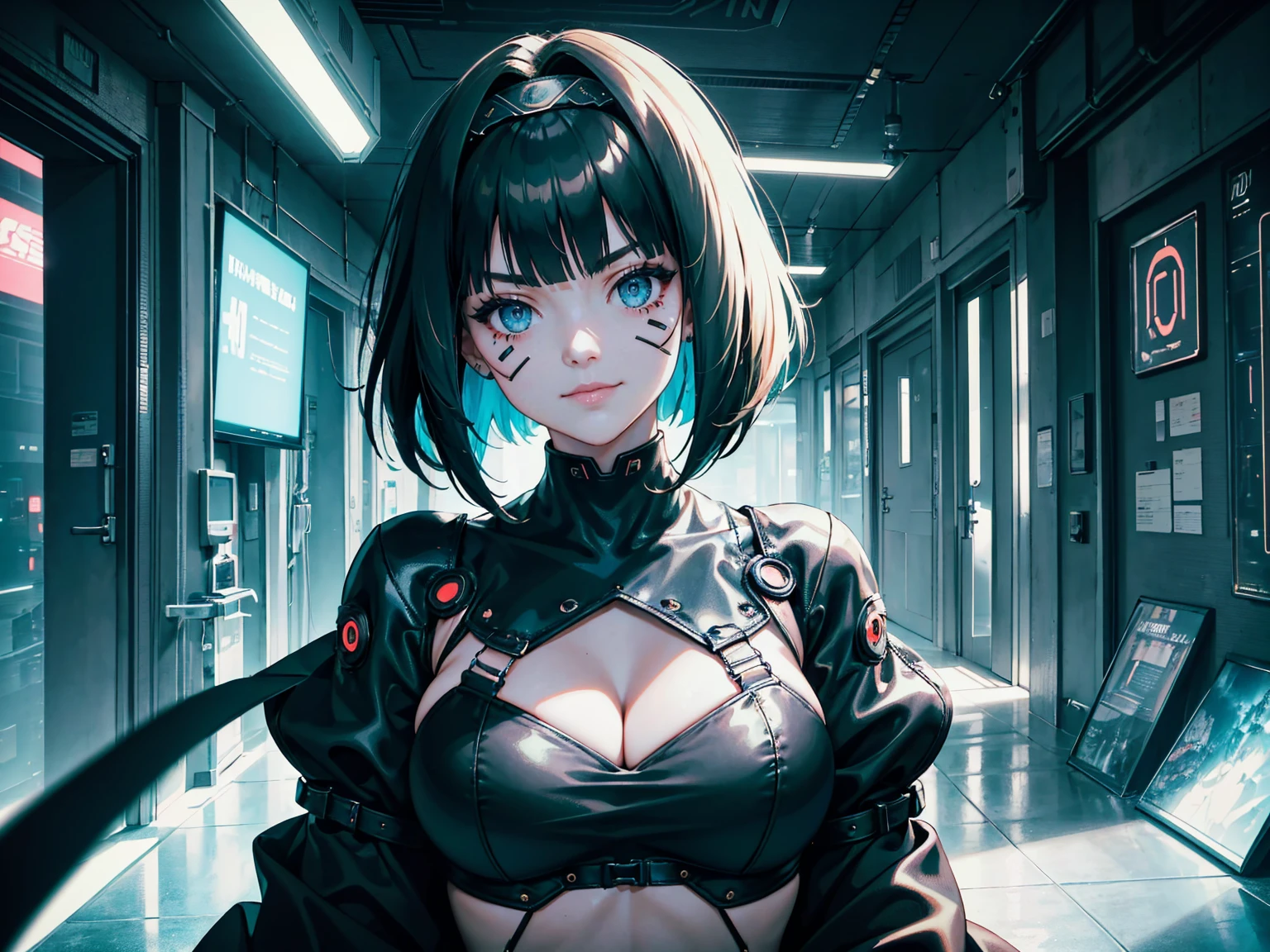 masterpiece, Best quality, (1 girl), (solo) (front facing), (upper body), (smile),(from front), (portrait), (night), (pose for picture), (dystopian city street), (large breast), (cleavage), (long hair),, black costume, black, gloves, dress boots, black gloves, puffy sleeves, black dress) (blak hairband),(cyberpunk costume), (green hair), (blue eyes), feather-trimmed sleeves anime, realistic, masterpiece, (bobcut, bangs), (A2 costume) (cyber_mark), ( facial mark), (cyberpunk suit), (j4nu4ryj0n3s cleavage), (demure), (dark room), (neon lights), (cyberpunk room), (focus on body), (look at front), (look at viewer), (midriff)