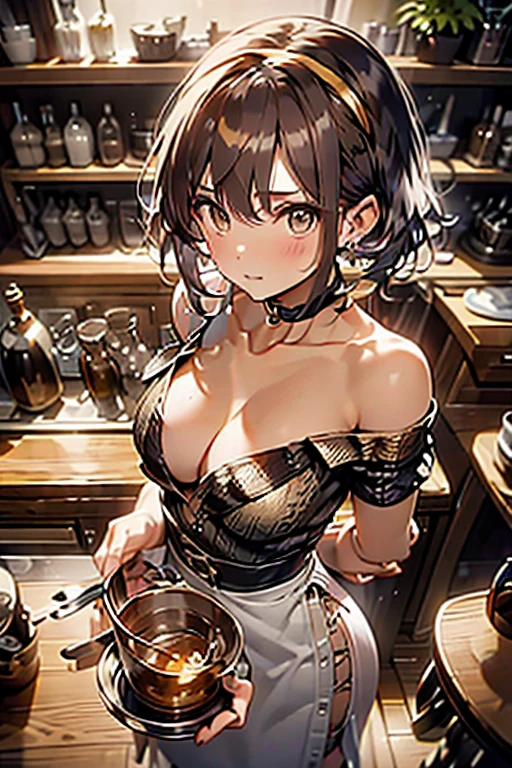 (from above:1.2), (perky chest:1.2), (pointed chest:1.2), 1girl, Bust A Cup, Amazing Cleavage:1.1, thin waist, big ass, Raised cute, small breast: 1.1 posed cleavage:1.2、solo, looking at viewer, have a cute glass of cute beer glass,black hair, dark green eyes, dress, bare shoulders, jewelry, collarbone, side locks, hairband, earrings, indoors, off shoulder, arms behind back, plants, short hair with long locks, gild hairband, off-shoulder dress, sweater dress, off-shoulder sweater, red sweater, dark gold hair, big side hair, very long side hair,is rendered in (masterpiece: 1.2, best quality), with (ultra high resolution) and an exquisite (depth of field). This masterpiece is not only visually stunning but also tells,A scene of cooking in the kitchen
