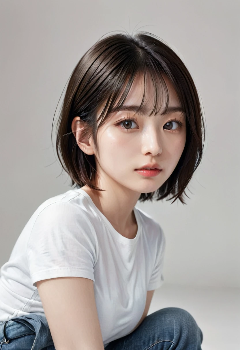 photorealistic, Photography ,BREAK, short hair woman, taking a (selfie:1.8), (from above:1.5) , (white T-shirts and denim) , on the chair , white background, (short hair), BREAK, 8k , LAW , best-quality, masterpiece, hyper realistic detail shiny skin , natural shading , realistic shadow, BREAK (hyper realistic detail shiny skin, detailed skin, detailed hair, ultra sharpness, intricate details), perfect anatomy