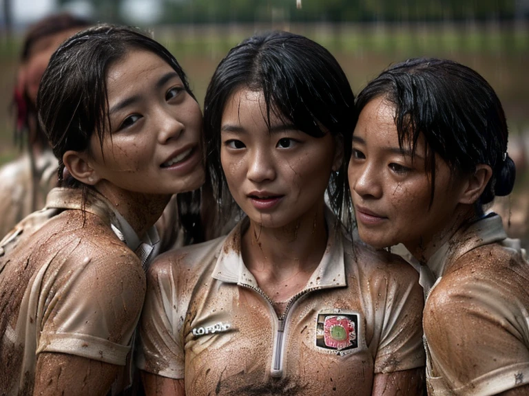 (A plain white short sleeved dirt stained field hockey uniform with a very tight white half zip:1.7)、(A large, dirt-stained, white, square collar: 1.6)、(Red clay ground:1.5)、My hair is wet and messy、(Beautiful Japanese woman covered in dirt:2.5)、Highest quality, masterpiece, Ultra-high resolution, Photorealistic, Raw Photos,Detailed face,(Muscular woman:2.4), (Fastener open: 1.8), (Upper body zoom up:1.0),(Everyone wears the same clothes:1.0), All members are super beauties, (Group photo of beautiful Japanese women huddled together: 1.5), (Hair tied up: 1.4), (Gentle expression:2.1), Bright photo, (My whole body is drenched in rain: 1.7), (Covered in mud and earth: 1.5)
