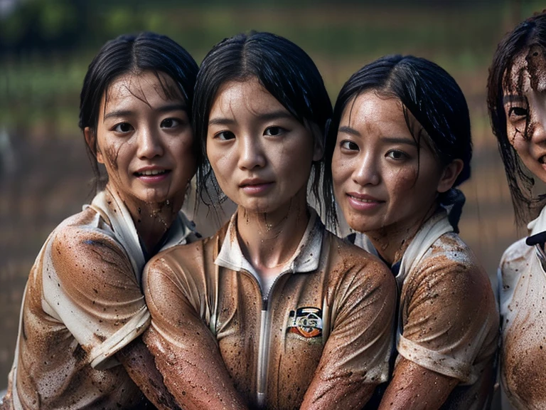 (A plain white short sleeved dirt stained field hockey uniform with a very tight white half zip:1.7)、(A large, dirt-stained, white, square collar: 1.6)、(Red clay ground:1.5)、My hair is wet and messy、(Beautiful Japanese woman covered in dirt:2.5)、Highest quality, masterpiece, Ultra-high resolution, Photorealistic, Raw Photos,Detailed face,(Muscular woman:2.4), (Fastener open: 1.8), (Upper body zoom up:1.0),(Everyone wears the same clothes:1.0), All members are super beauties, (Group photo of beautiful Japanese women huddled together: 1.5), (Hair tied up: 1.4), (Gentle expression:2.1), Bright photo, (My whole body is drenched in rain: 1.7), (Covered in mud and earth: 1.5)