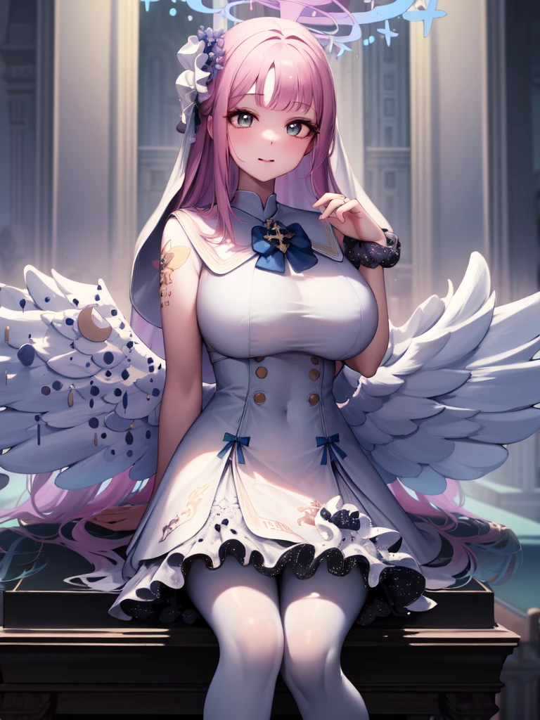 A girl，Long hair, Bangs, Pink Hair, Hair between the eyes, s eyes:（1.5),  (Large Breasts:1.2), 
rest  锁骨, Wedding dress，veil，wedding，White Dress，Flowers，The skirt is broken，White socks，Tights，White knee socks，
Looking at the audience, whole body,
indoors, church，permanent，permanent，
rest (masterpiece:1.2), best quality, high resolution, Unity 8K wallpaper, (illustration:0.8), (美丽细致s eyes:1.6), Extremely detailed face, Perfect lighting, Extremely detailed CG, (Perfect hands, Perfect anatomical structure),