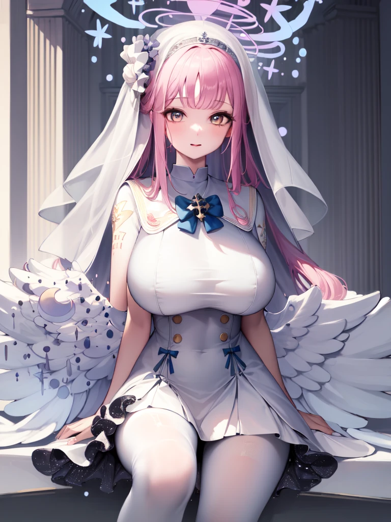 A girl，Long hair, Bangs, Pink Hair, Hair between the eyes, s eyes:（1.5),  (Large Breasts:1.2), 
rest  锁骨, Wedding dress，veil，wedding，White Dress，Flowers，The skirt is broken，White socks，Tights，White knee socks，
Looking at the audience, whole body,
indoors, church，permanent，permanent，
rest (masterpiece:1.2), best quality, high resolution, Unity 8K wallpaper, (illustration:0.8), (美丽细致s eyes:1.6), Extremely detailed face, Perfect lighting, Extremely detailed CG, (Perfect hands, Perfect anatomical structure),