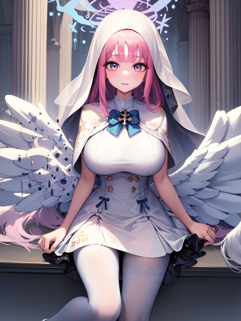 A girl，Long hair, Bangs, Pink Hair, Hair between the eyes, s eyes:（1.5),  (Large Breasts:1.2), 
rest  锁骨, Wedding dress，veil，wedding，White Dress，Flowers，The skirt is broken，White socks，Tights，White knee socks，
Looking at the audience, whole body,
indoors, church，permanent，permanent，
rest (masterpiece:1.2), best quality, high resolution, Unity 8K wallpaper, (illustration:0.8), (美丽细致s eyes:1.6), Extremely detailed face, Perfect lighting, Extremely detailed CG, (Perfect hands, Perfect anatomical structure),