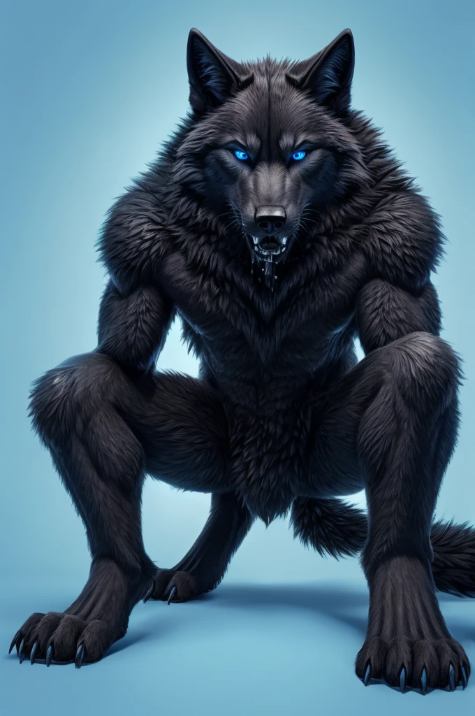 Perspective from below black wolf naked male furry legs apart looking down blue background squat pose blue eyes serious look claws on knees fluffy tail scars growling salivating