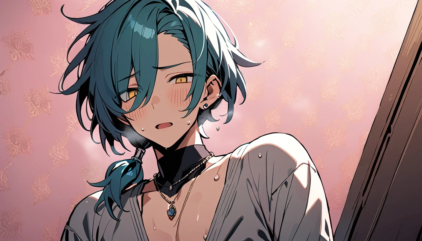((((best masterpiece, best quality, wallpaper,)))) solo, guy, male body, small muscles, flat chest, 1male, 30 years old, handsome man, dramatic angle, upper body, looking at viewers, beautiful detailed, mediumturquoise hair, ((((Lower short ponytail)))), asymmetrical bangs, ((short hair,)) blush stickers, sweat, ((( jitome, gold eyes, ^o^, tareme, droopy eyes,))) (((perfect face, extremely detailed eyes,))) perfect hands, sharp nose, clear face, black turtleneck, grey cardigan, ((silver piercing, pendant,)) leggings, pink background color ultrasharp, 8K, masterpiece,
