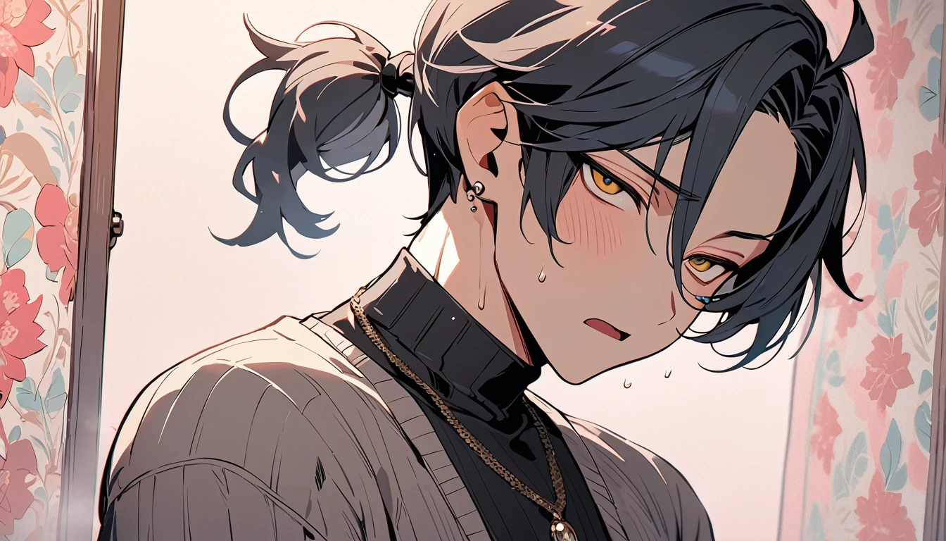 ((((best masterpiece, best quality, wallpaper,)))) solo, guy, male body, small muscles, flat chest, 1male, 30 years old, handsome man, dramatic angle, upper body, looking at viewers, beautiful detailed, mediumturquoise hair, ((((Lower short ponytail)))), asymmetrical bangs, ((short hair,)) blush stickers, sweat, ((( jitome, gold eyes, ^o^, tareme, droopy eyes,))) (((perfect face, extremely detailed eyes,))) perfect hands, sharp nose, clear face, black turtleneck, grey cardigan, ((silver piercing, pendant,)) leggings, pink background color ultrasharp, 8K, masterpiece,