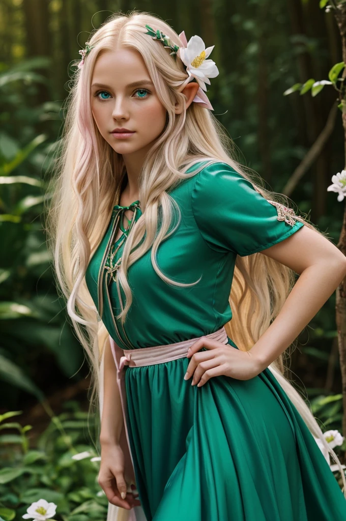 Female elf, long silky blonde hair, pink and white flower tucked behind right ear, fair skin, emerald eyes, has a hunter's bow on her back, blue and green dress that shimmers in the light, cleric