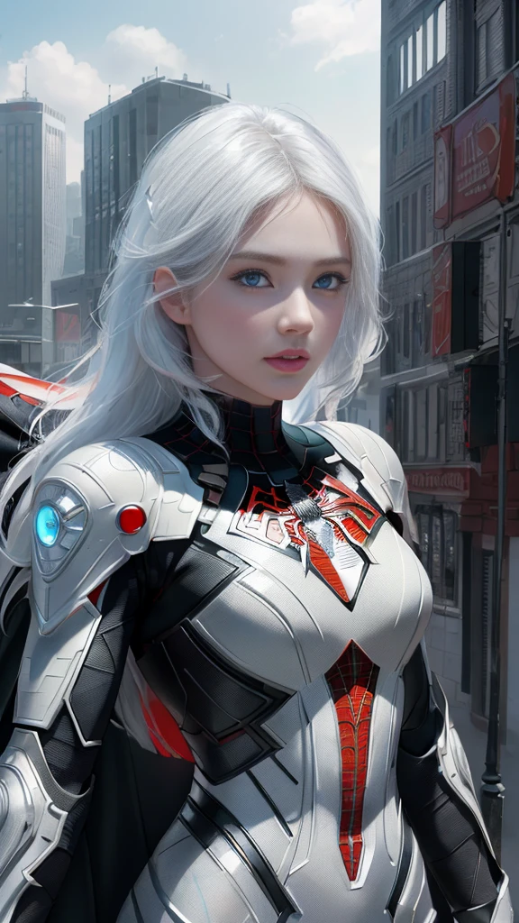 (1 girl:1.3), Alone, (((Very detailed face)))), ((Very detailed eyes and face.)))), beautifuls detalles ojos, body parts__, Official Art, unified 8k wallpaper, super detailed, beautiful and beautiful, beautiful, Masterpiece, Best Quality, Original, Masterpiece, super fine photo, Best Quality, super high resolution, realistic realism, sunlight, Full length portrait, extraordinary beauty, dynamic pose, delicate face, vibrant eyes, (FROM THE FRONT), He wears a Spider-Man suit., red and black color scheme, spider, fondo muy detallado del Ceiling de la ciudad, Ceiling, with city views, detailed face, detailed complex busy background, disordered, gorgeous, milky white, very detailed skin, realistic skin details, visible pores, clear focus, volumetric fog, 8k hd, DSLR, high quality, film grain, White skin, photographic realism, lomography, Futuristic dystopian megalopolis, translucent, eyes looking at the camera, Big , short hair,white hair ,full body,mecha,cyborg,robotic,long hair