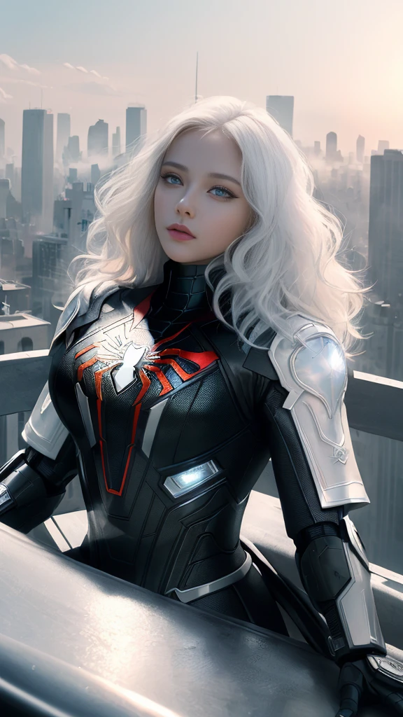 (1 girl:1.3), Alone, (((Very detailed face)))), ((Very detailed eyes and face.)))), beautifuls detalles ojos, body parts__, Official Art, unified 8k wallpaper, super detailed, beautiful and beautiful, beautiful, Masterpiece, Best Quality, Original, Masterpiece, super fine photo, Best Quality, super high resolution, realistic realism, sunlight, Full length portrait, extraordinary beauty, dynamic pose, delicate face, vibrant eyes, (FROM THE FRONT), He wears a Spider-Man suit., red and black color scheme, spider, fondo muy detallado del Ceiling de la ciudad, Ceiling, with city views, detailed face, detailed complex busy background, disordered, gorgeous, milky white, very detailed skin, realistic skin details, visible pores, clear focus, volumetric fog, 8k hd, DSLR, high quality, film grain, White skin, photographic realism, lomography, Futuristic dystopian megalopolis, translucent, eyes looking at the camera, Big , short hair,white hair ,full body,mecha,cyborg,robotic,long hair