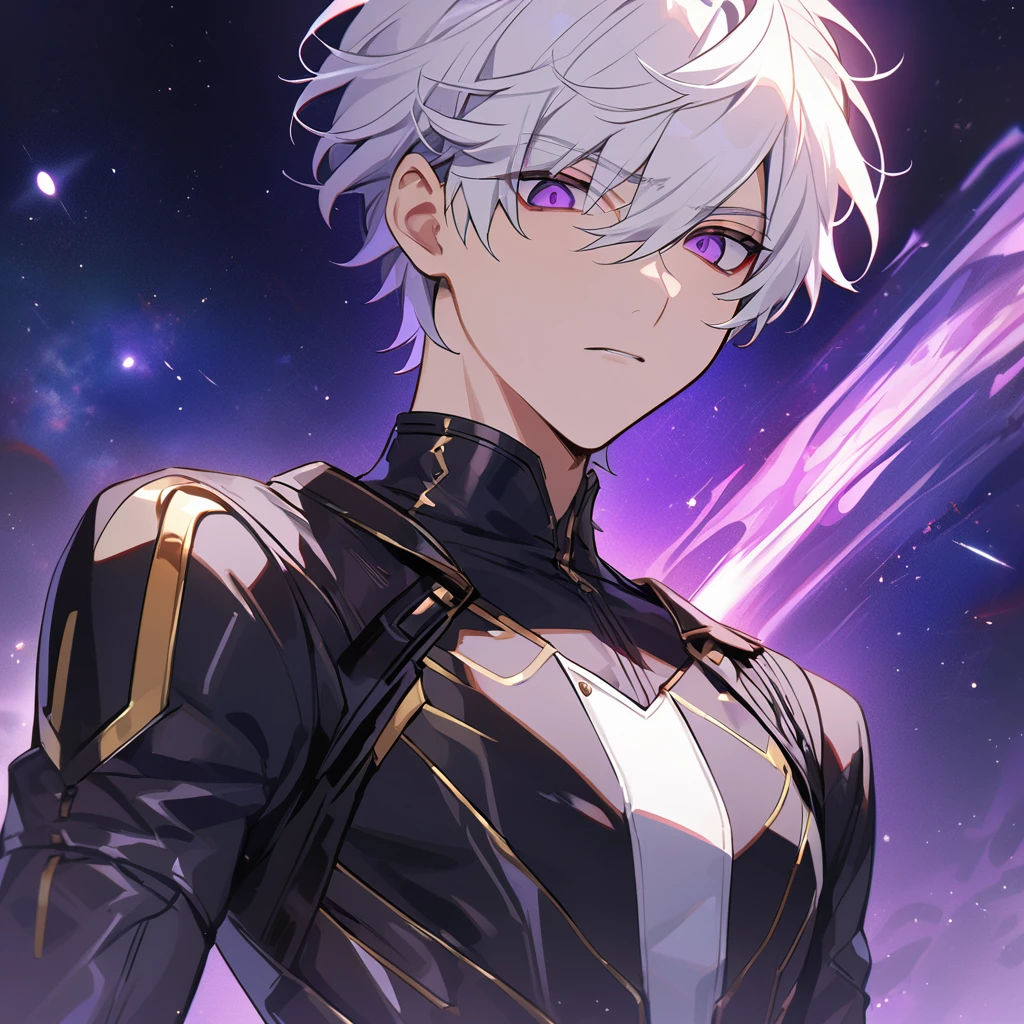 High quality, HD, 4k, no shadows, handsome male, 1male, , teenager, go lining, short white hair, sharp eyes, dark purple eyes, deep purple eyes, devil may cry, close up, calm expression, stoic expression, black leather clothes, lean body, well trained body, upper body, looking at viewer, cowboy shot, white solar, space background