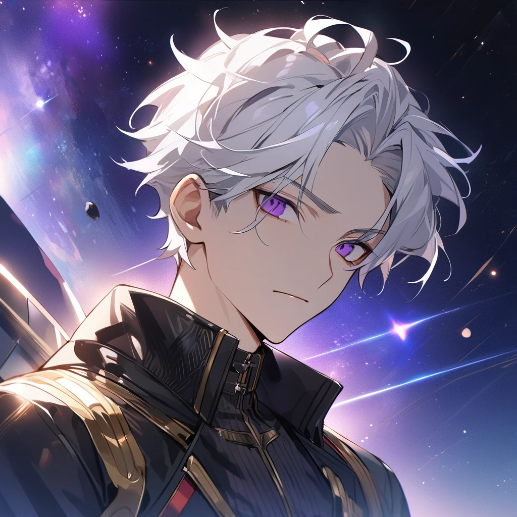 High quality, HD, 4k, no shadows, handsome male, 1male, 17 years old, teenager, golden lining, short white hair, sharp eyes, dark purple eyes, deep purple eyes, devil may cry, close up, calm expression, stoic expression, black leather clothes, lean body, well trained body, upper body, looking at viewer, cowboy shot, white solar, space background